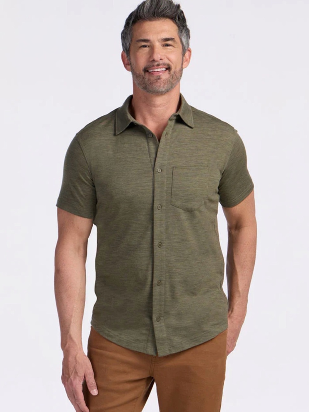 WoolX Merino Endi Short-Sleeve Button-Down Shirt in Sage Olive Melange